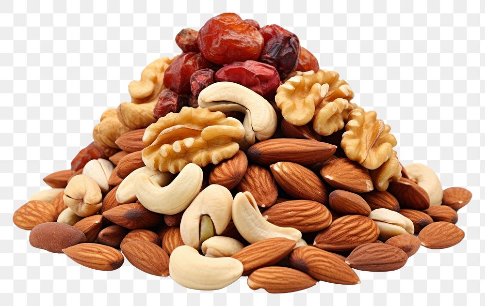 Mix of nuts and dry fruits food almond white background.