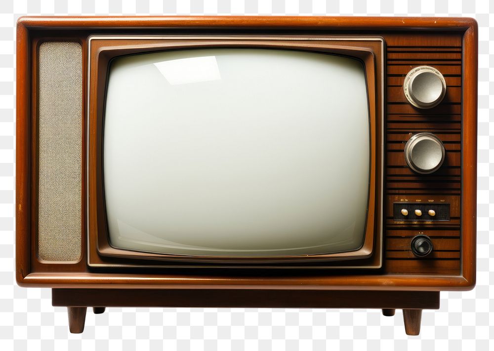 Vintage television with cut out screen white background broadcasting electronics.