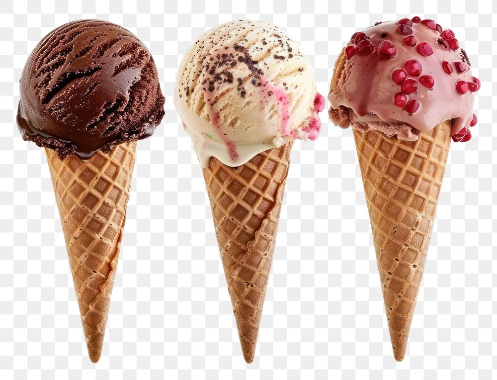 3 different scoops of ice cream cone dessert food white background