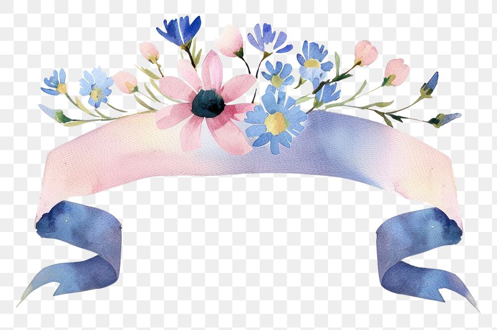 PNG Ribbon with wildflower border wreath white background celebration.