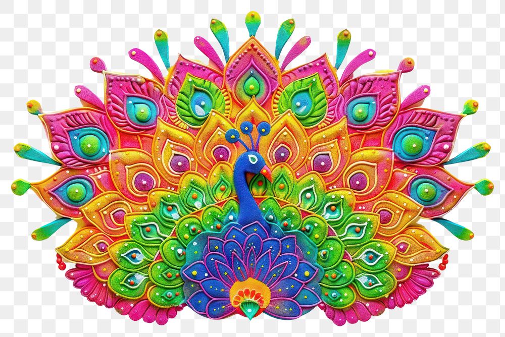 PNG Rangoli peacock pattern art.