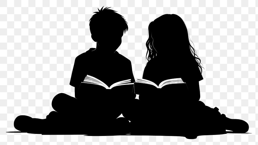 PNG Children sitting reading book silhouette person human.