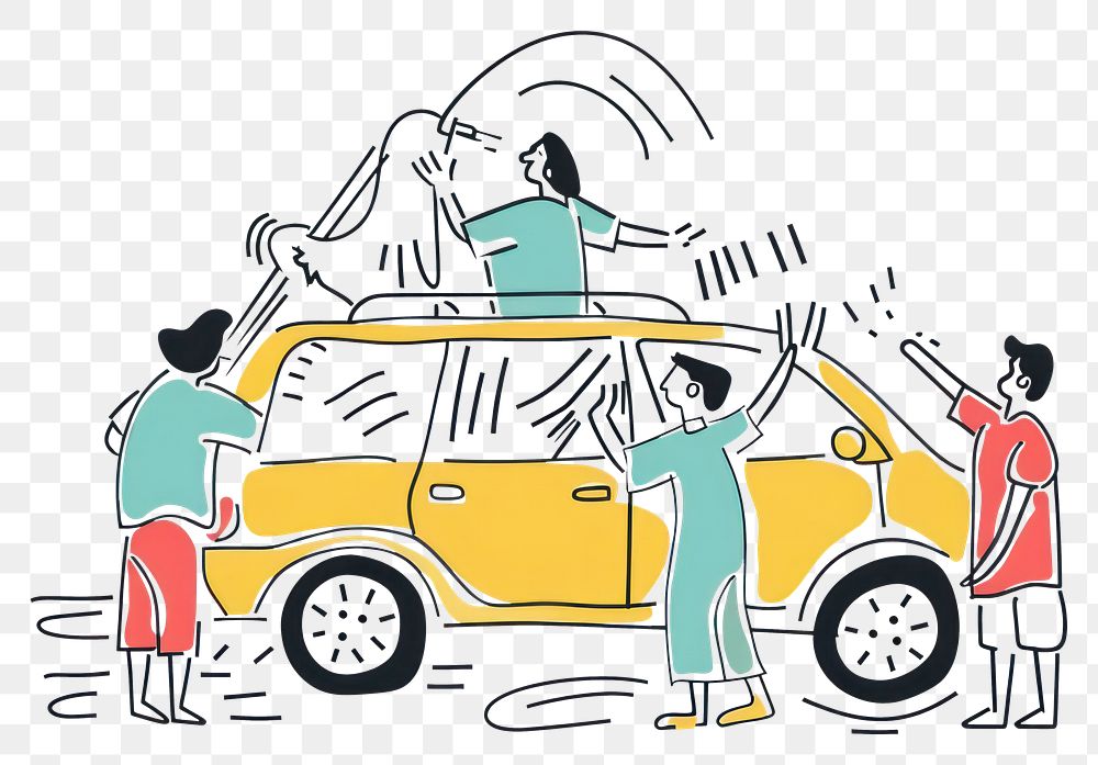 PNG People washing car transportation illustrated automobile.