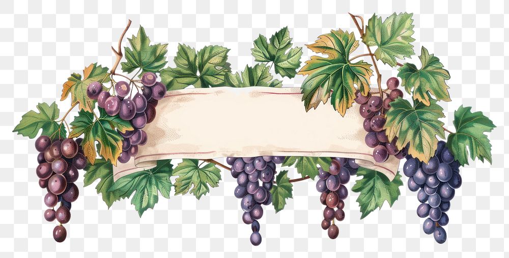 PNG  Ribbon with grapes leaves produce fruit plant.