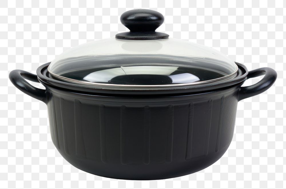 PNG A black retro soup pot with glass lid cookware white background food.