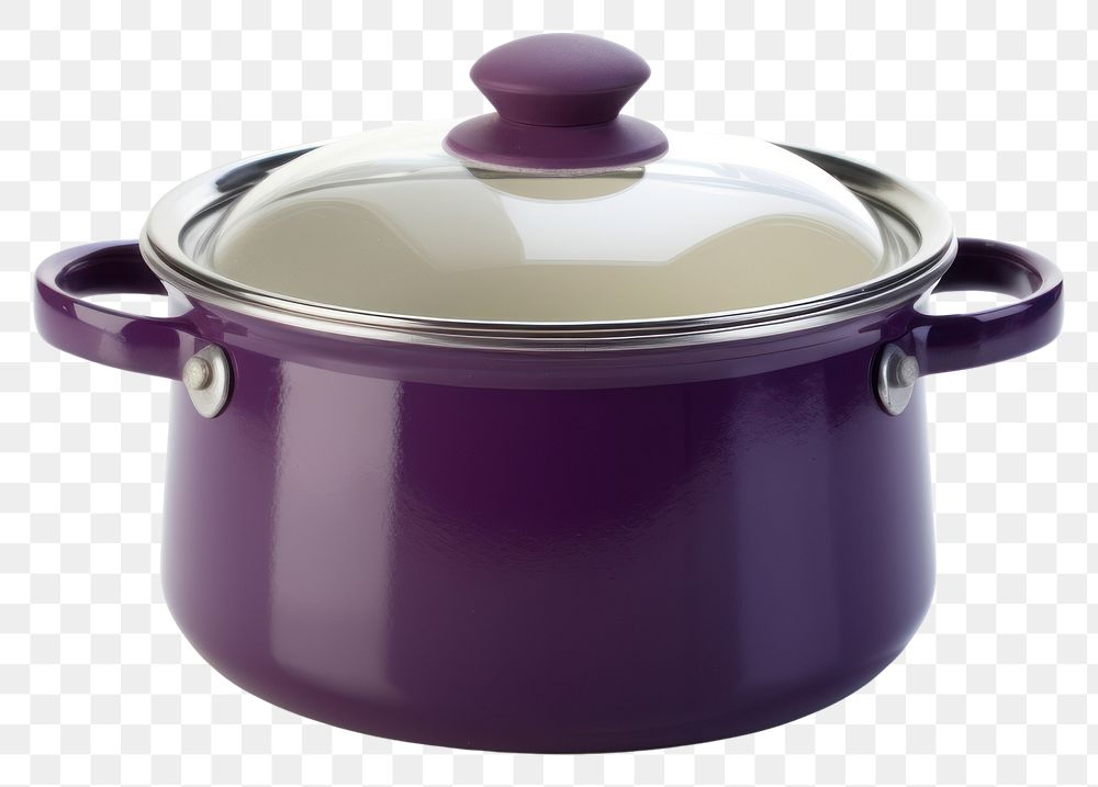 PNG A purple retro soup pot with glass lid cookware white background appliance.