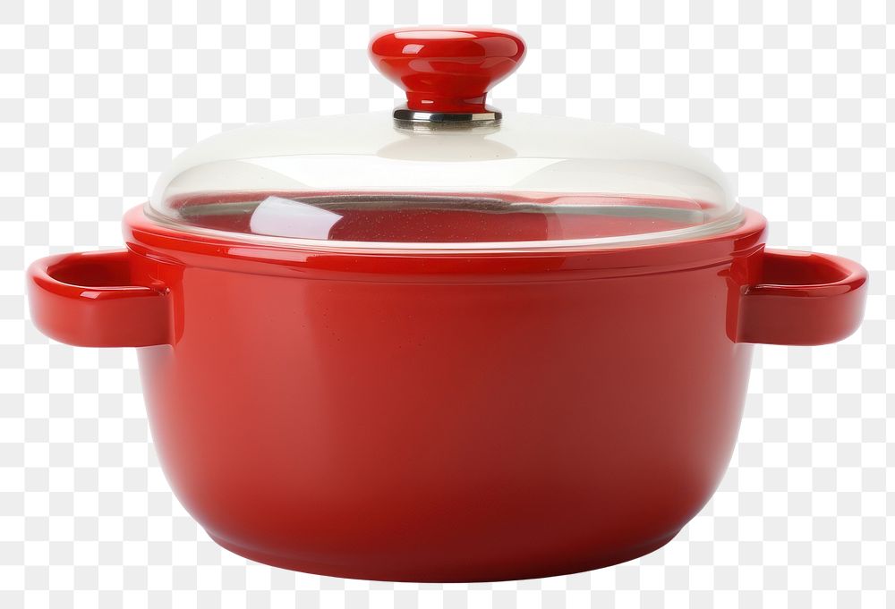 PNG A red retro soup pot with glass lid cookware white background appliance.