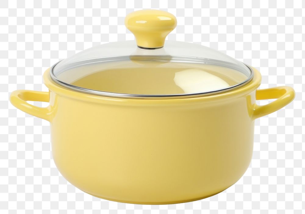 PNG A yellow retro soup pot with glass lid cookware white background appliance.