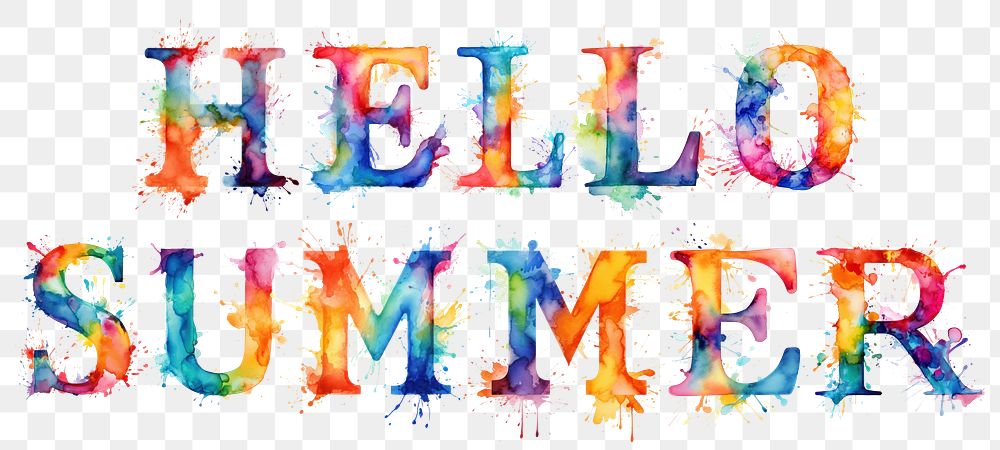 Hello Summer png splashed watercolor alphabet, transparent background