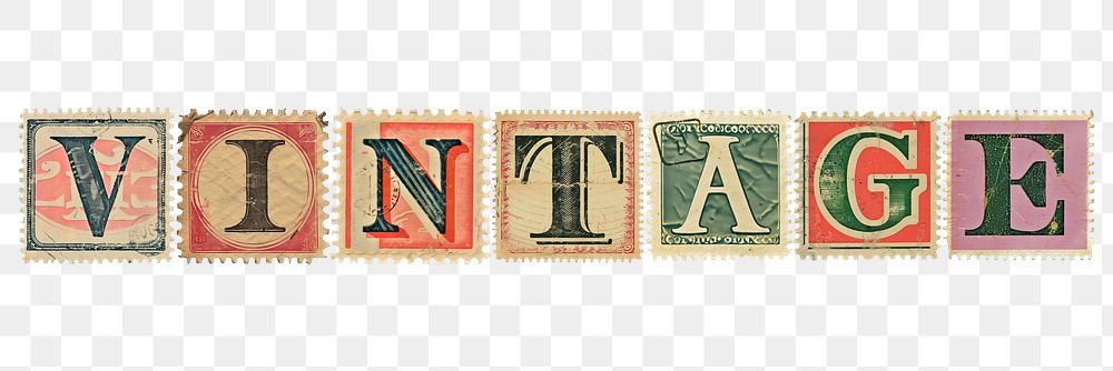 Vintage word png postage stamp alphabet design, transparent background