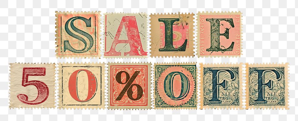 Sale 50% off png vintage postage stamp alphabet design, transparent background