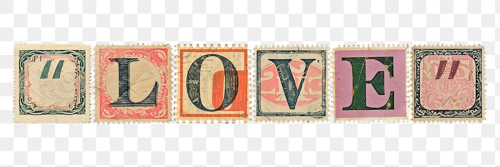 Love png vintage postage stamp alphabet design, transparent background