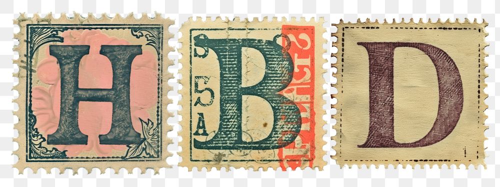 HBD png vintage postage stamp alphabet design, transparent background
