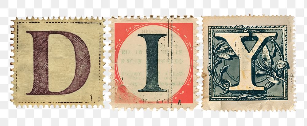 DIY png vintage postage stamp alphabet design, transparent background