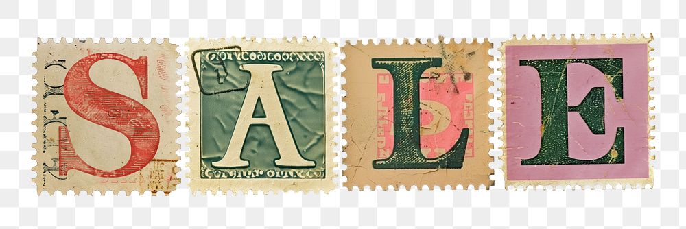 Sale png vintage postage stamp alphabet design, transparent background