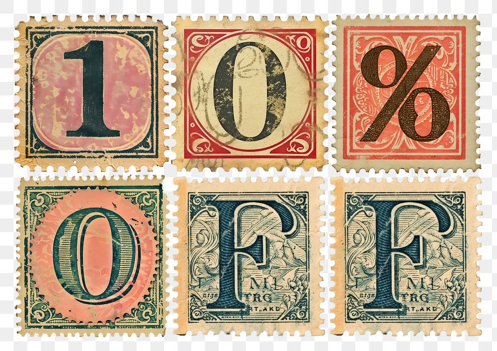 10% off png vintage postage stamp alphabet design, transparent background