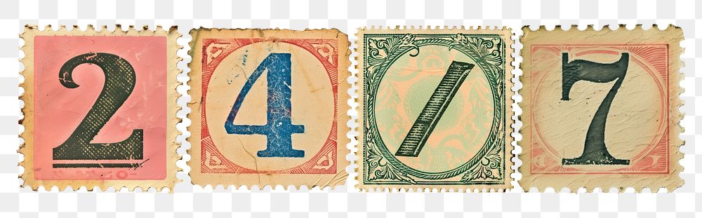 24/7 png vintage postage stamp alphabet design, transparent background