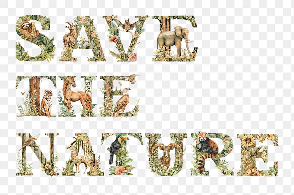 Save the nature png botanical art alphabet, transparent background