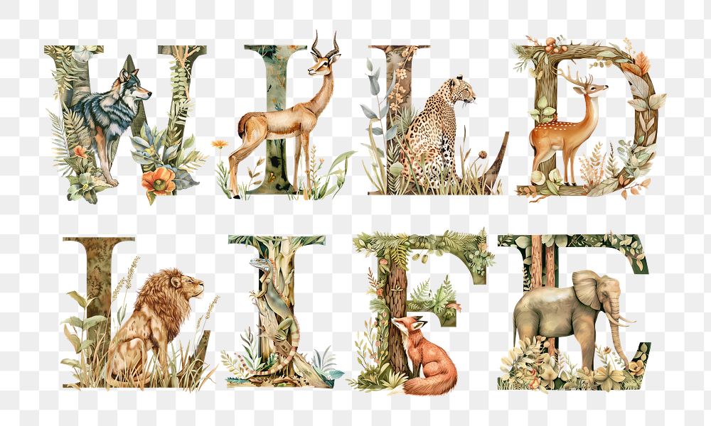 Wildlife png botanical art alphabet, transparent background