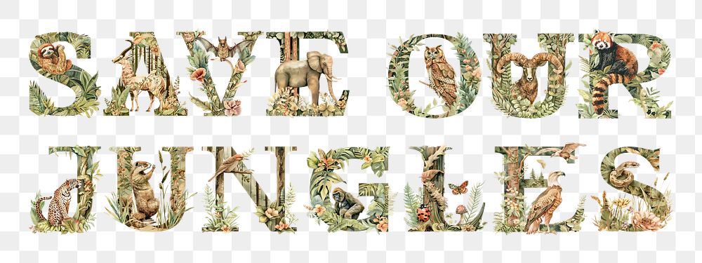Save our jungles png botanical art alphabet, transparent background