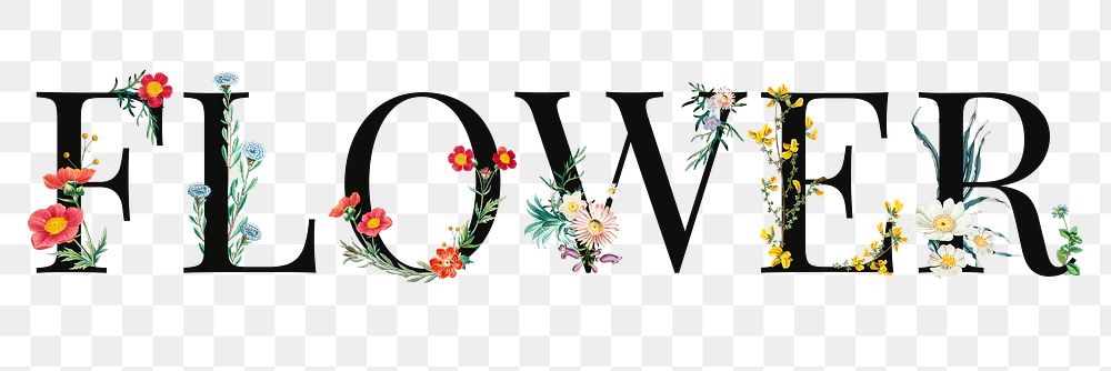 Flower word png floral digital art illustration, transparent background