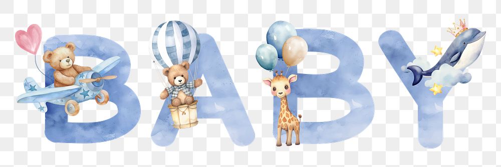 Baby png word in blue watercolor alphabet, transparent background