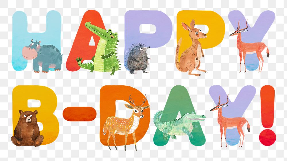 Happy B-Day png animal character word, transparent background