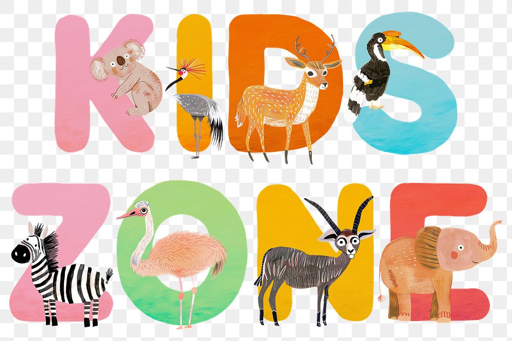 Kids zone png animal character word, transparent background
