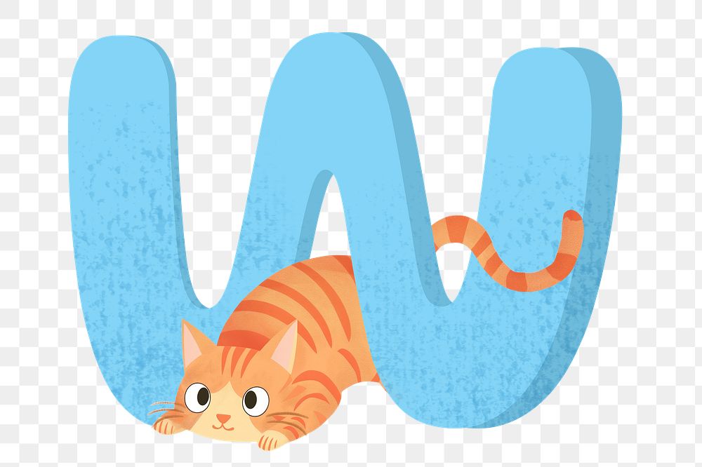 Letter W png in blue with cat character, transparent background