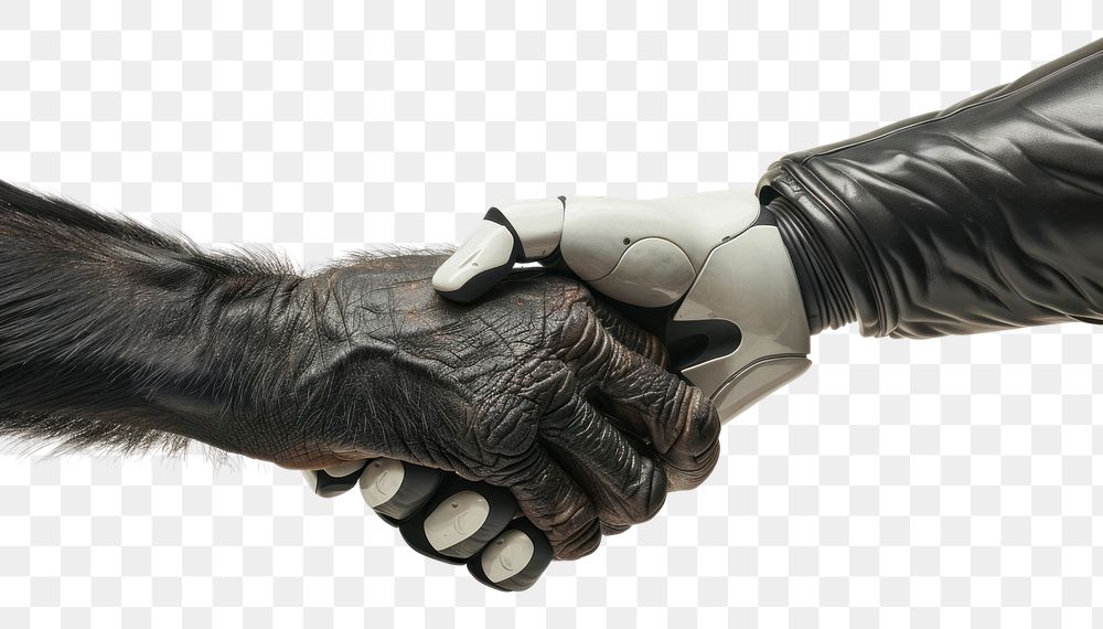 Chimpanzee hand shaking leg human electronics hardware.