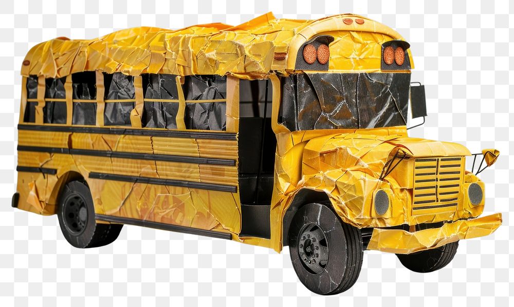 PNG School bus in style of crumpled transportation vehicle van.