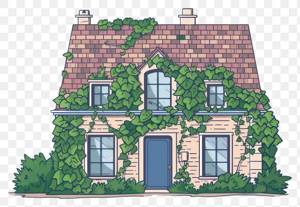 PNG Facade of house overgrown by ivy flat illustration architecture building cottage.