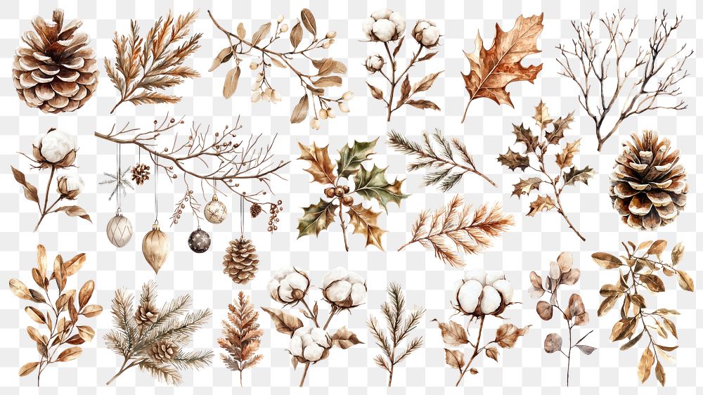 PNG cozy winter botanical element set, transparent background