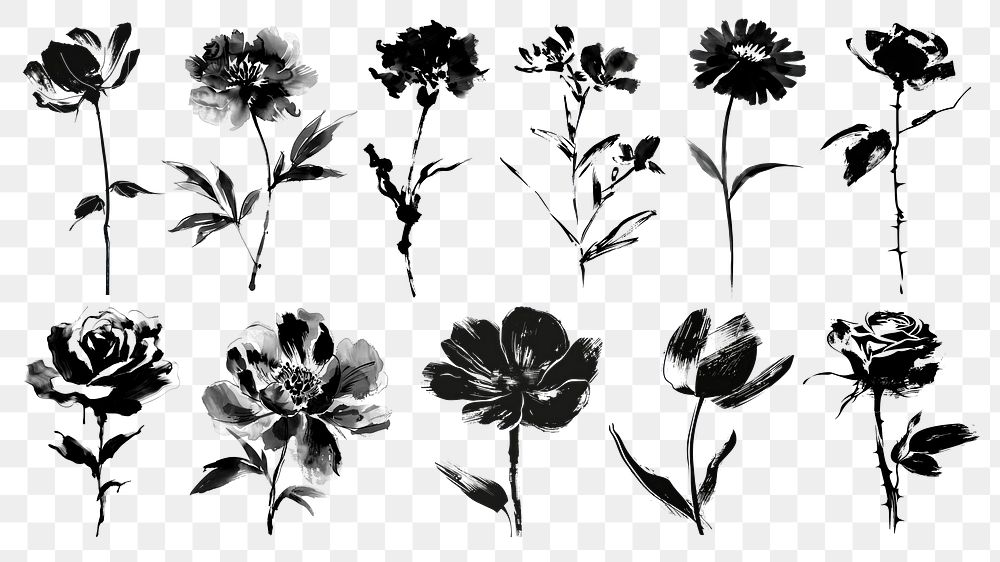 PNG flower Chinese ink brush element set, transparent background