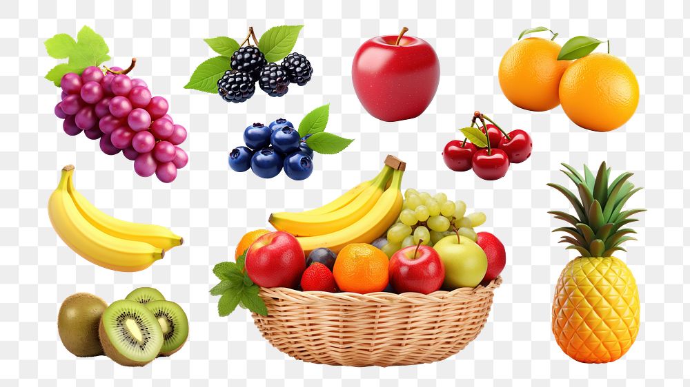 3d fruits png food element set, transparent background