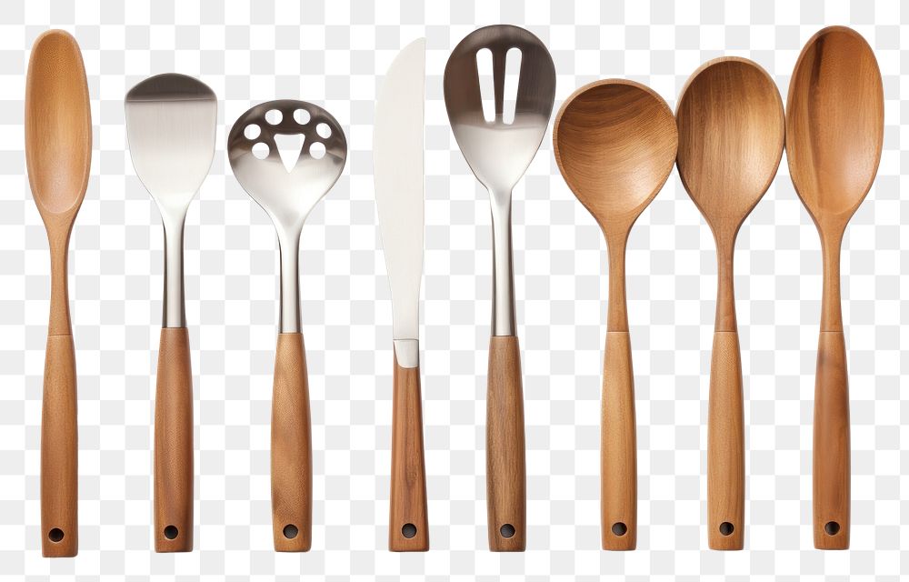 PNG Set of modern steel kitchen utensils on wooden table spoon white background silverware. 