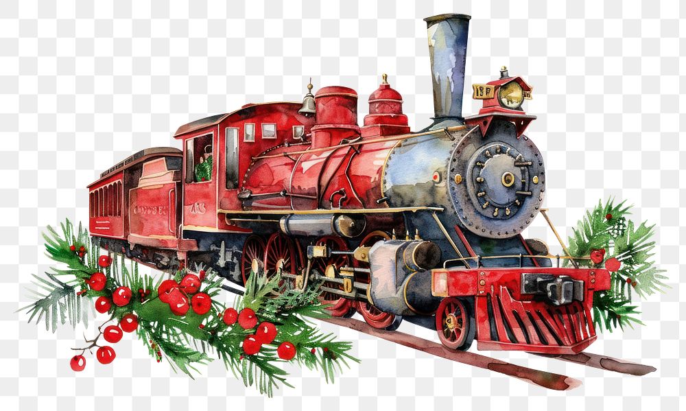 PNG Christmas train illustration locomotive watercolor.