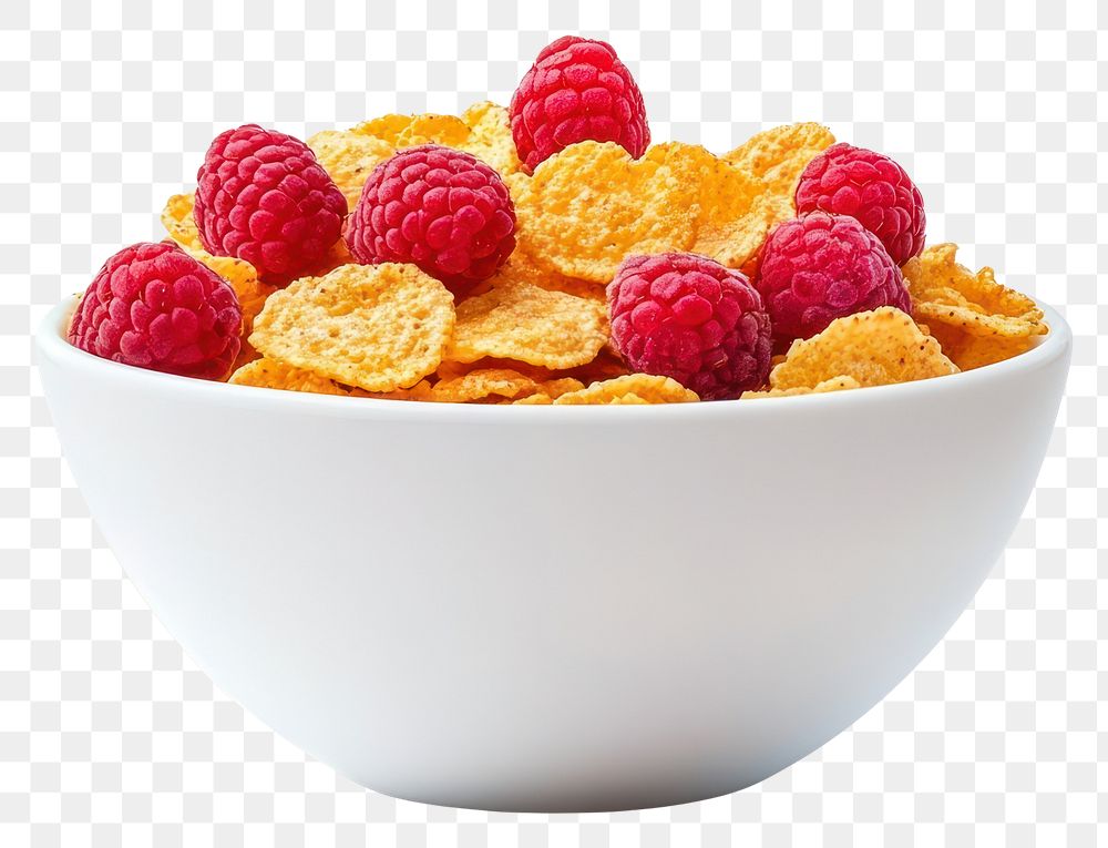 PNG An isolated corn flakes with raspberry in a clean white bowl raspberries fruit food.