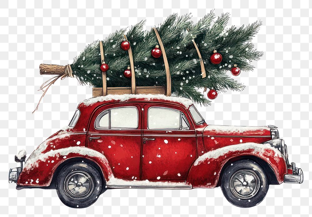 PNG A red vintage car christmas tree illustration.