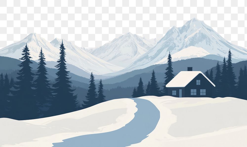 PNG A snowy cabin mountain landscape mountains trees illustration.