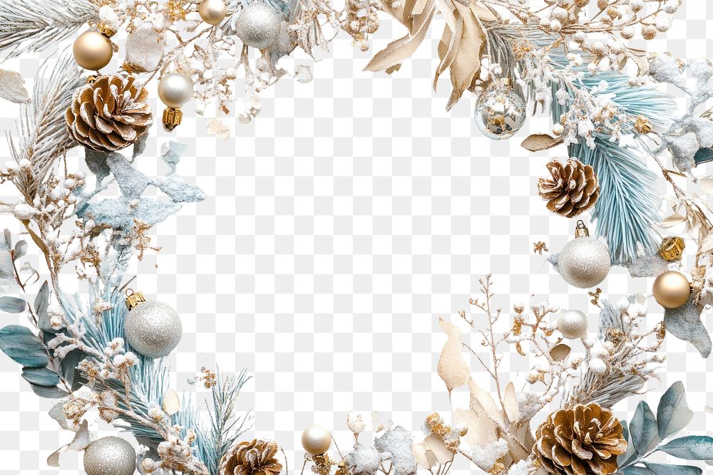 PNG Watercolor pastel light blue and beige winter wreath with snowflakes christmas ornaments design.