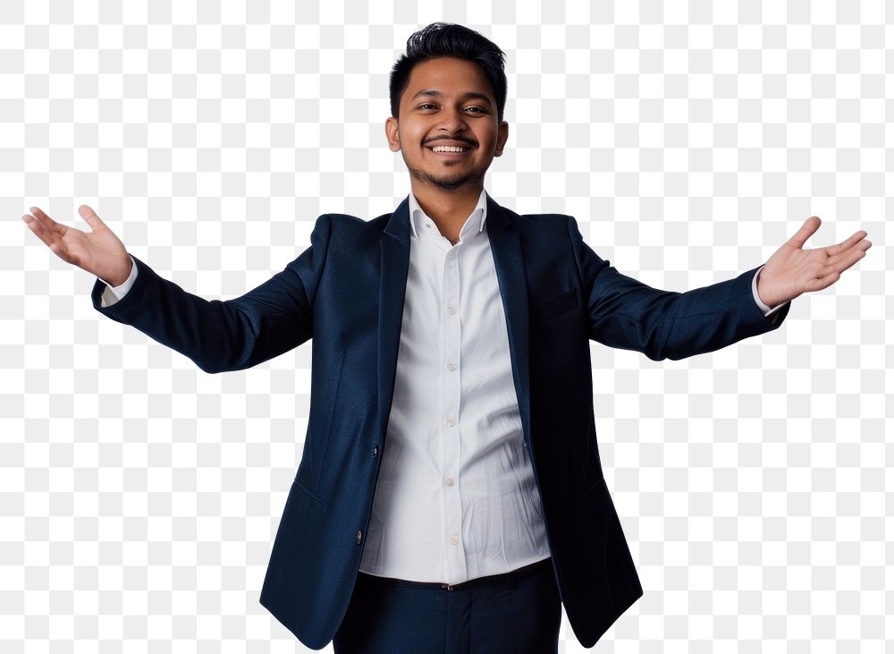 PNG Indian man suit smiling arms.