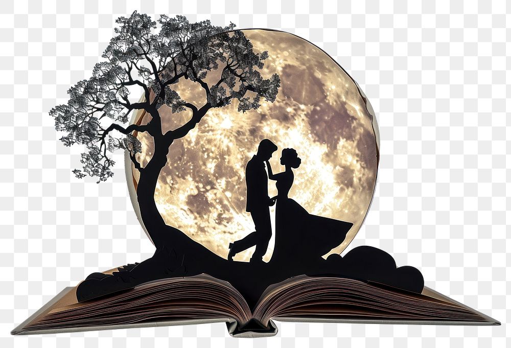 PNG Couple dancing under the moon book silhouette tree.