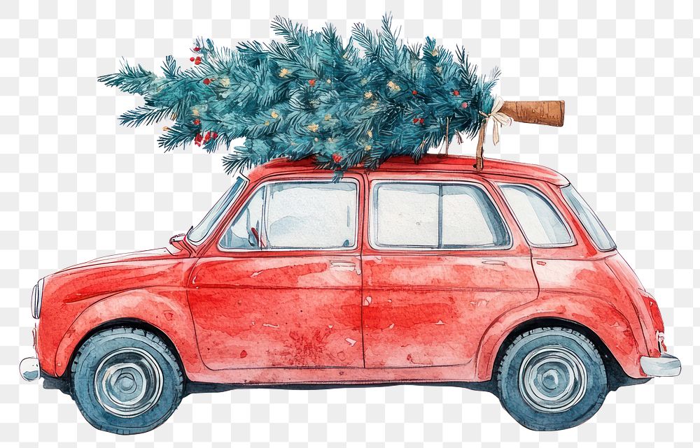 PNG Old red car illustration watercolor christmas.