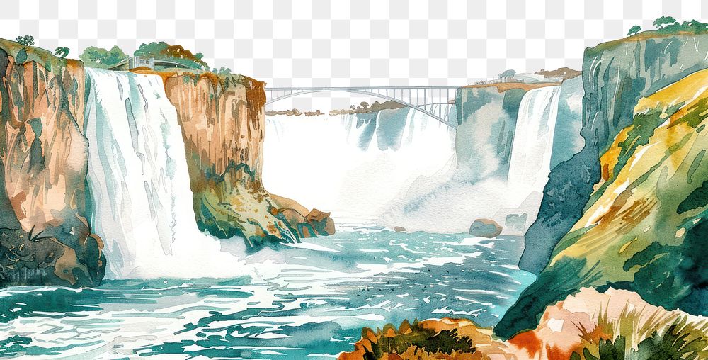 PNG Victoria Falls in Zimbabwe and Zambia water illustration watercolor.