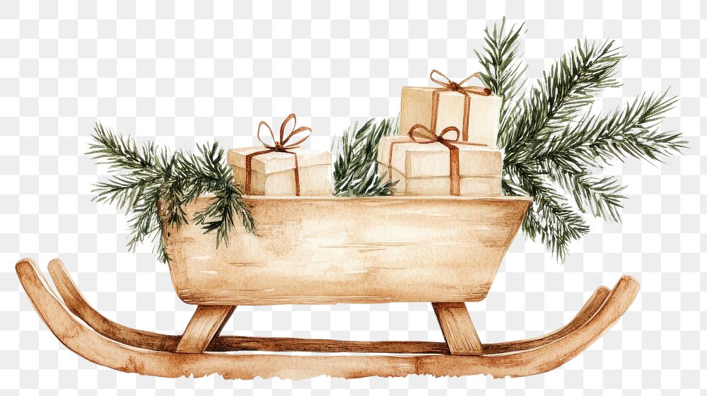 PNG Wooden sled with christmas tree branches illustration sleigh gifts.