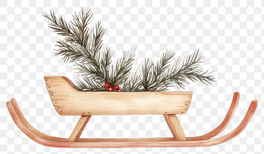 PNG Wooden sled with christmas tree branches illustration watercolor decoration.