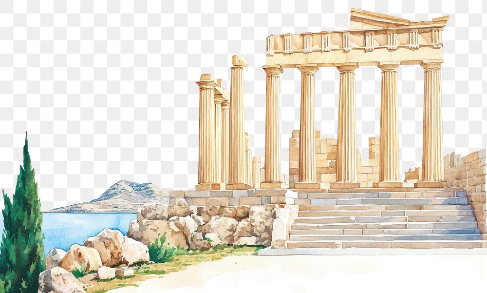 PNG Acropolis of Lindos Rhodes island Greece architecture illustration watercolor.