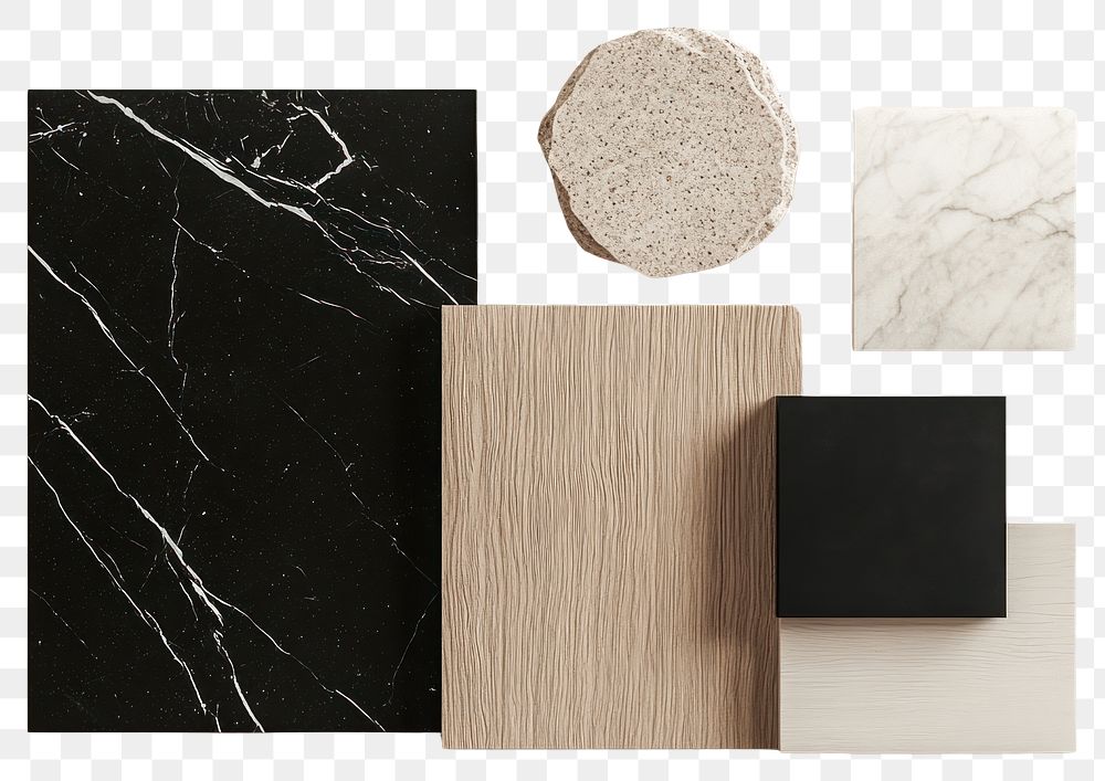 PNG A material board showing an interior design moodboard samples marble wood.