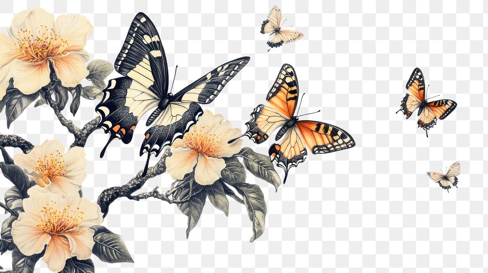 PNG Vintage drawing of butterfly flowers wings art.